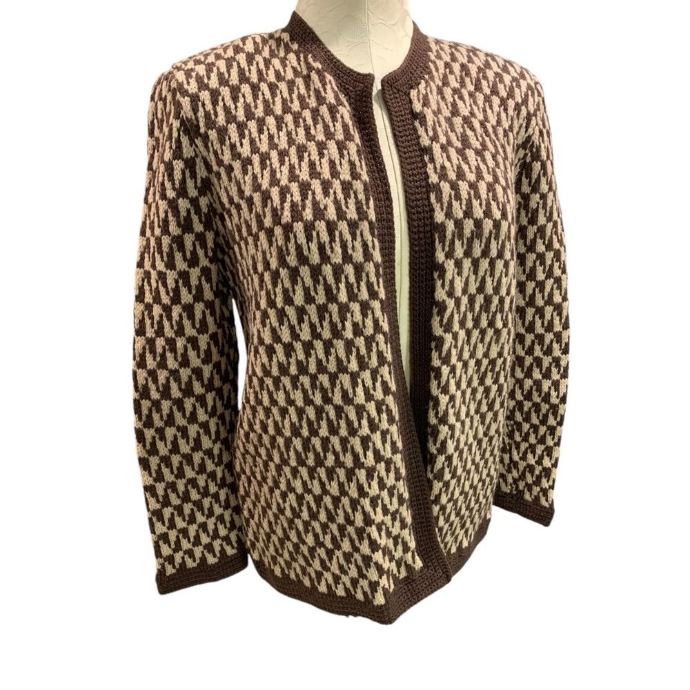 Large Womens 1980s Vintage Open Cardigan Sweater Houndstooth Brown